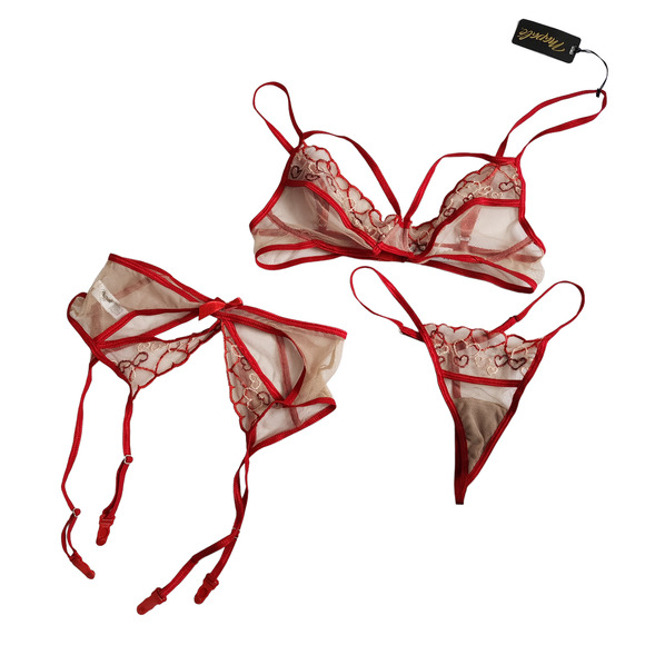 NWT Mapale Three Piece Set Red Nude Bra Thong Garter Belt Size S/M 8652 - Picture 8 of 9